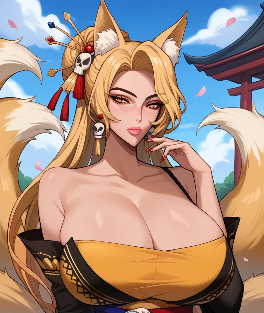 masterpiece: 1.2, best quality), realistic, (real image, intricate details, depth of field), (1girl, solo), makeup, split lips, highly detailed, perfect face,
(huge breasts:1.6), (skin dentition), thick thighs, wide hips, small waist, tall and huge ass
blonde hair, wearing micro bikini, lots of skin on display, sexy, dye, seductive, cleavage, high heels, ear fox, tail fox