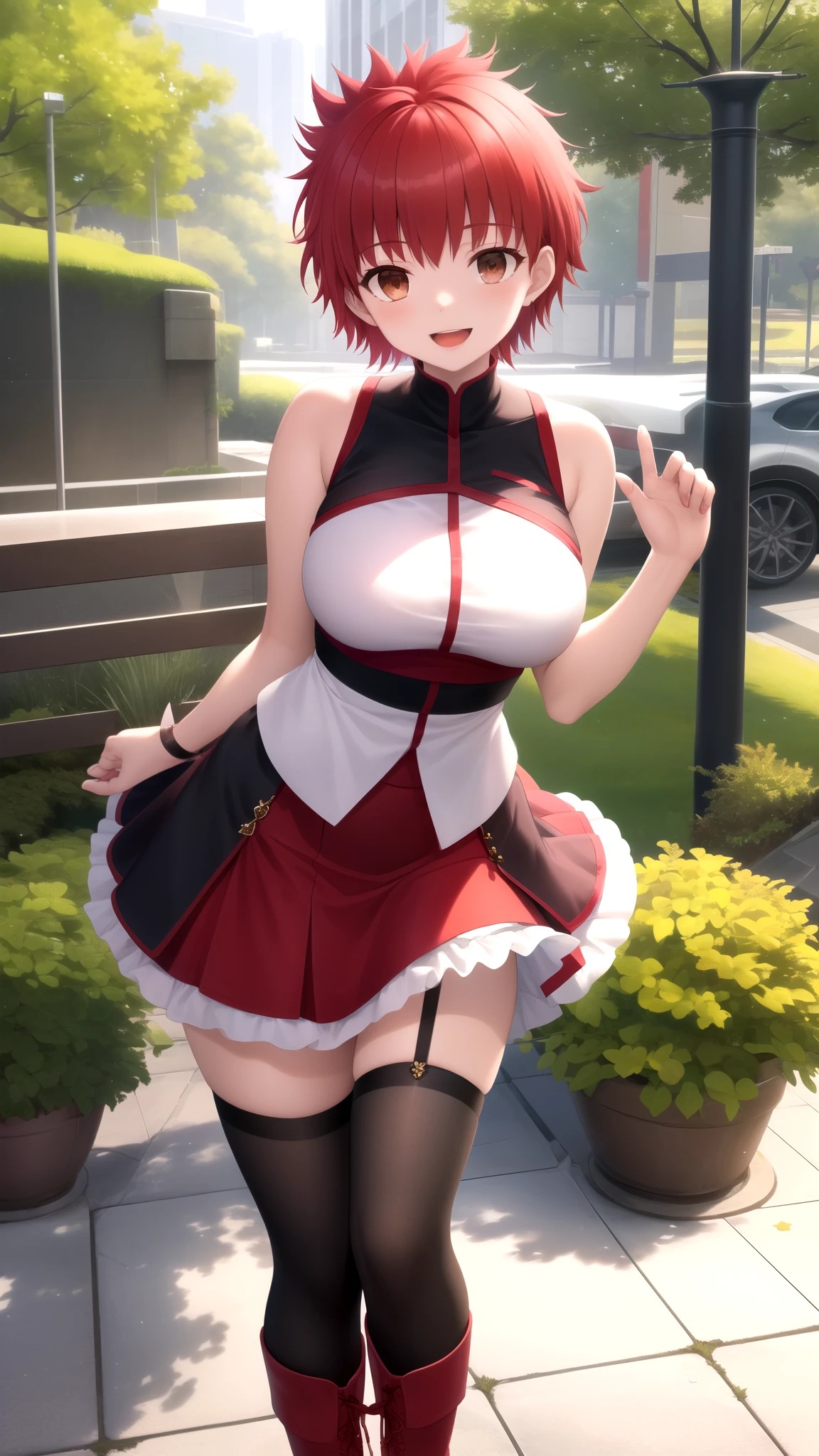 Masterpiece, Best Quality, girl, looking at viewer, Shirou Emiya, Red hair, spiked hair, short hair, Brown Eyes, large breasts, sleeveless idol dress, very puffy skirt, flared skirt, thigh highs, heeled boots, standing, smile, open mouth, outdoors