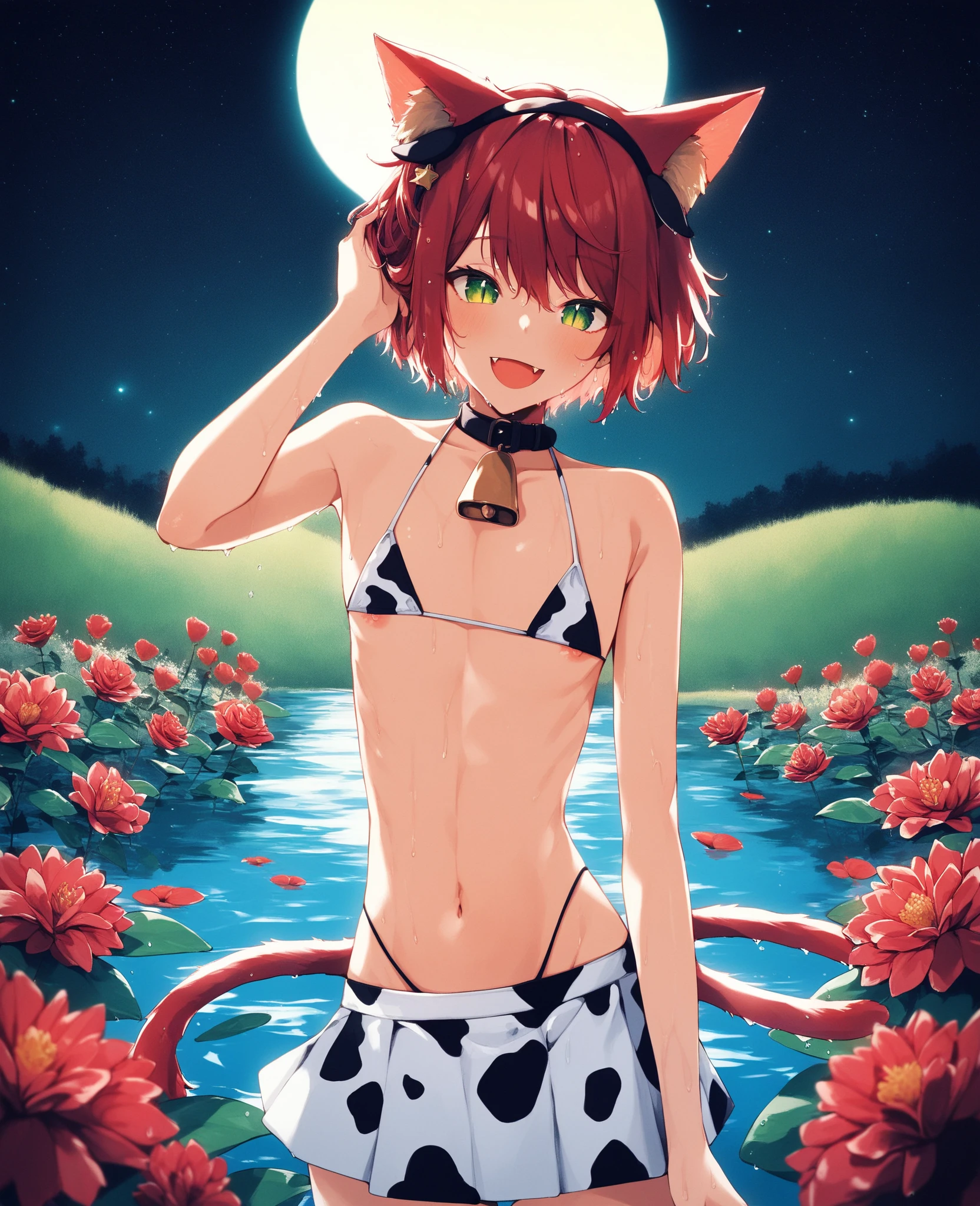 detailed illustration (side view),dynamic angle, ultra-detailed, illustration, clean line art, shading, anime, detailed eyes, detailed face, beautiful face, dramatic lighting, detailed illustration, dynamic angle, ultra-detailed, illustration,
Woman, well endowed, short red hair, cow print bikini, small cow horns on head.
