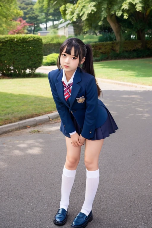 Alone, solo, underwear, photo of a 20 year old woman, bra is sheer, erotic, dark look, fine, hard, cute, panties, Japan woman ((kpop idol)), small, flat breasts, round glasses, full body, anger, lace panties, sitting, panty shot, spread legs, skirt, uniform, red panties, socks, black hair, shirt, blur, blurred background, blue shirt, loafers, realistic, pretty little face, pigtails with short hair, brown eyes, black socks, bow tie, pleated skirt, bow, headrest, sideways, outdoor, brown footwear, masterpiece, top quality, super detail,