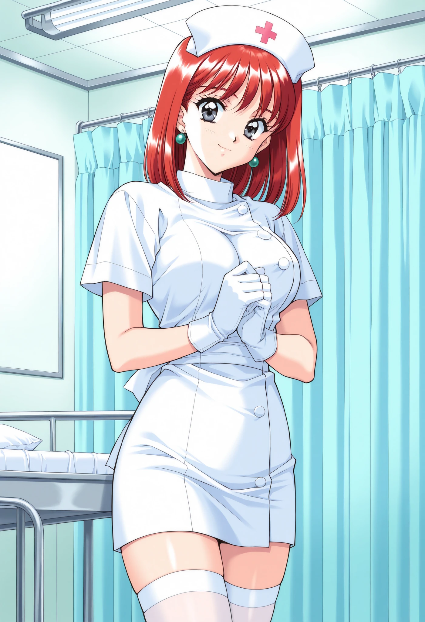 Score_9, score_8_up, score_7_up, source_anime, TachibanaMayumi, solo, red hair, medium hair, jewelry, earrings, grey eyes, bangs, large breasts, 1990s (style), kadoi aya style, (best quality), (high quality), {masterpiece}, extremely delicate and beautiful, ultra-detailed, beautiful detailed eyes, nurse, nurse hat, ((white nurse's outfit)), white gloves, white thighhighs, hospital room, smile, closed mouth, standing