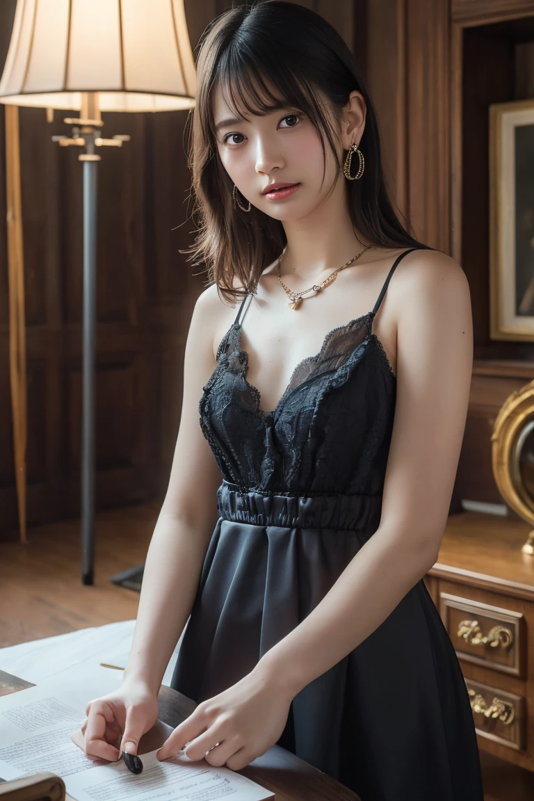(Highest quality:1.4),(masterpiece:1.4),(Realistic:1.4),(Realistic:1.2),(超High resolution, RAW Photos:1.4),(High resolution, Ultra-detailed:1.2),(8k:1.2),View your viewers,Cinematic photography,One girl,skeletally correct,Black-haired woman,Woman in her early 20s,(Small earrings,necklace,Metallic Dresses),(Western-style building interior,Dimly lit room,The lamplight shines on my cheeks,Sit on the sofa)