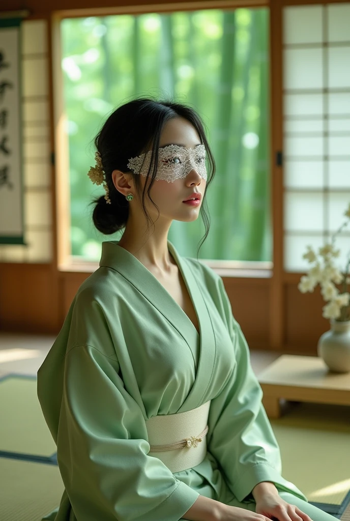 A scene of a  Japanese woman wearing a lace blindfold. Location: A quiet tea room in a bamboo forest. Accessories and furniture: Tatami mat, low chabudai table, hanging scroll, flower arrangement Color: Green, beige, brown Image quality: High definition Hairstyle: Loose black hair half-up, with a little hair left loose Breast size: Average Gaze: Looking inward, as if blindfolded and trying to sense something Accessories: Jade hairpin, thin silk bracelet Makeup: Light pink lips, delicate eyeliner Expression: Serene, contemplative expression Clothing: Light green kimono, white obi Full-body pose: Sitting upright, hands on knees, standing quietly Background: Soft light coming through the shoji screen, green silhouette of bamboo forest Light source and lighting: Natural light, diffused light through the shoji screen Camera angle: Full-body shot from a slight angle