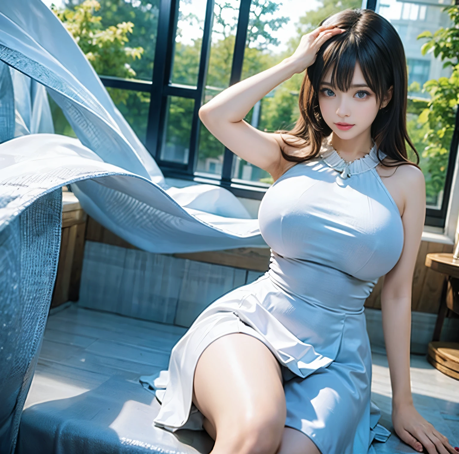 8K quality, pictures, A beautiful woman like a goddess２people, From the thigh up, micro mini length white dress, There is no exposure, Beautiful hair dancing in the wind, (Bright, big blue eyes that sparkle beautifully:1.2), Whitening skin, View Me, open window, (Big  in a high position ), Extra Large, posing, 一peopleの尻. sleeves, 