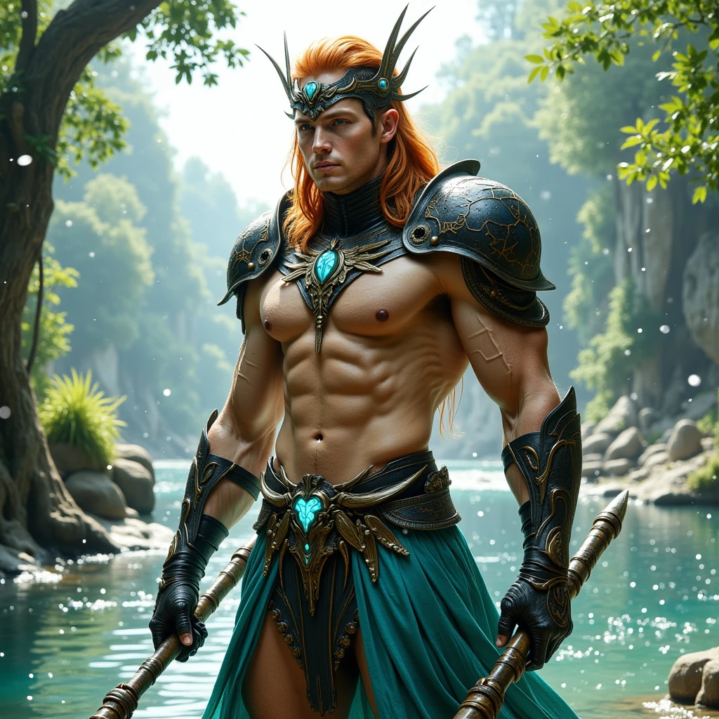 A full body image of one extremely handsome male elf naked wearing just a small black thong, clean shaved, athletic body, (white skin), bare chest, (long orange scruffy hair), serene expression, small waist, muscular.