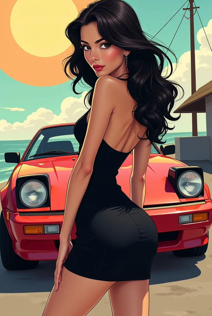 Make an anime style drawing of a white American woman with long brown hair and fairly large breasts. Have her wearing a very, small, tight, and short black dress and some red heels. Have her in a seductive pose posing against a black Porsche. She is very beautiful and young and around 18 years old.