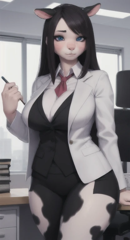 masterpiece, best quality, highres, 1girl, chabashira sae, high ponytail, suit, jacket, cleavage <lora:chabashira_sae:1> photorealistic, sitting on chair