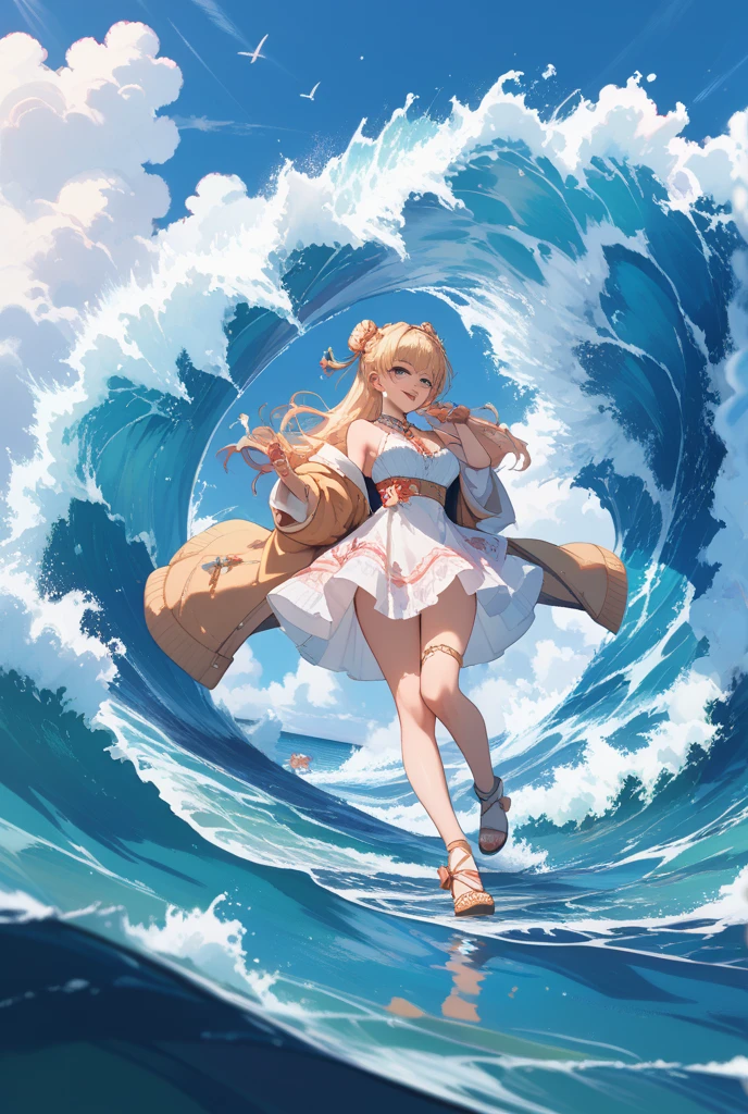 high resolution、high quality、masterpiece、detailed、Blonde、ponytail、Large white ribbon、White tank top、Open your chest wide、Big Tits、Put on your Air Force jacket、Belly button exposed、High leg jeans、Bare legs、Thick-soled boots、highway、blue sky、cumulonimbus、