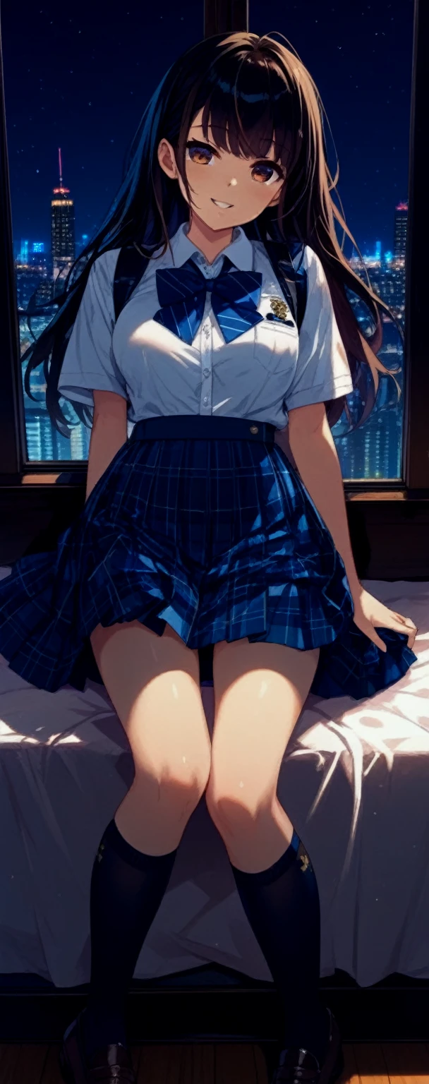 hi-school girl Underwear green Classroom Underwear light blue early evening spread legswide Sit up Blushing cheeks Stranger Looking away From below Underwear pattern multicolor Dark twilight Sunset a dark night See-through sheer Under multicolor Hairstyle color々 Opening legs