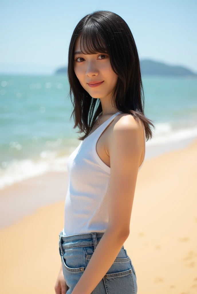 1womanl、age19、season、夏天、sand beach、blue sea、Shorthair、skirt by the、Yoshiko Akishino