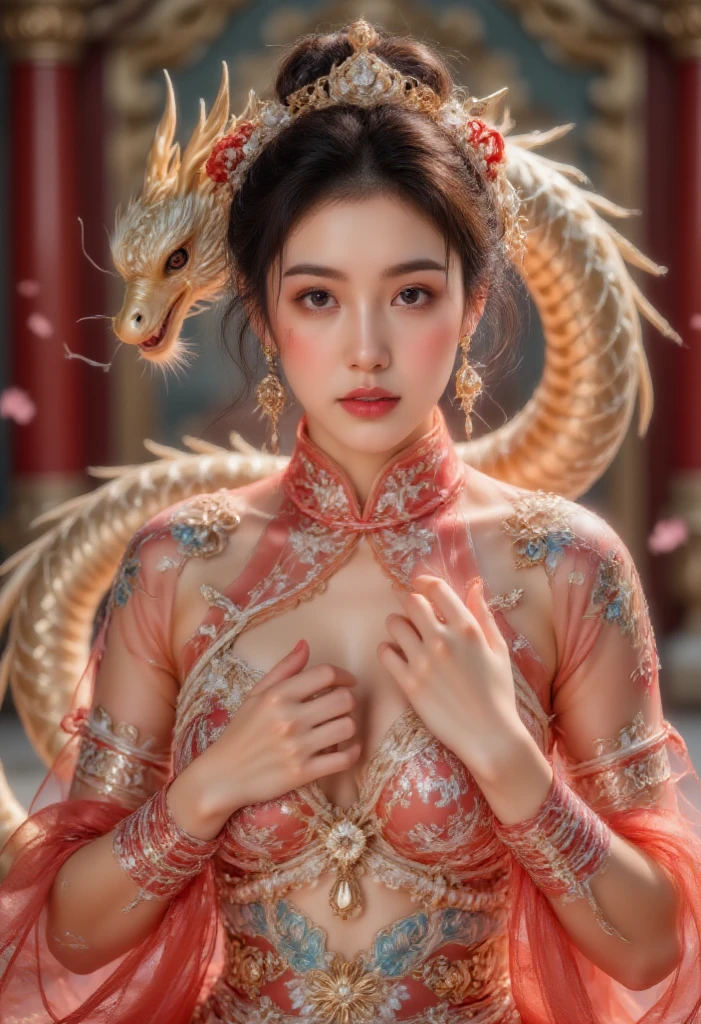 (1girl in:1.3), (Ultra Realistic), (Highly detailed eyes, Highly detailed hair, Highly detailed face, Highly detailed plump lips), Naked, (off shoulders), breasts, Upper body, Happy smile, (shenron:1.5), (golden dragon, Good luck, miracle, boldness, Great appearance, happiness will come, dreams come true, tutelary, advent of god, celebration, honorable, transcendental scale, Romance:1.2), (Best Quality:1.4), Raw photo, (Realistic, photo-Realistic:1.37), Professional Photography, Cinematic Light, Indoors, (amazing dragon wallpaper, dragon painting wallpaper:1.5), Golden Chinese shenron,