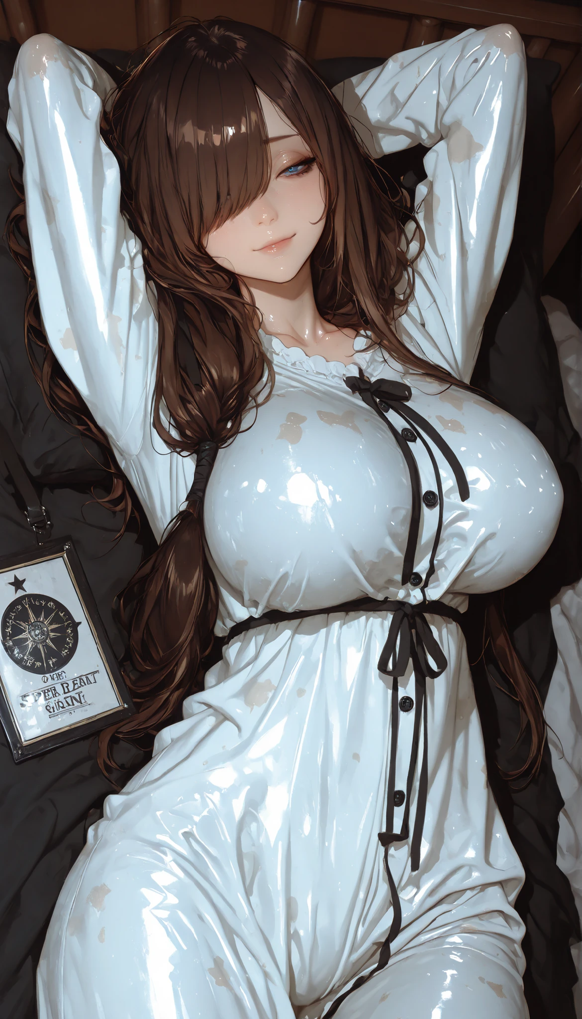 A beautiful woman, Perfect body, huge oppai,blue eyes,Lying down the bed ,in bedroom, The sun was shining on her,shiny skin, Wearing a white sexy pajamas,Arms behind head, brown hair, low-tied long hair, hair over one eye,half-closed eyes, nervous smile, expressionless eyes, chiaroscuro, drop shadow, anime style, UHD, masterpiece, accurate, anatomically correct, textured skin, super detail, highres, award winning, 1080P, 16k