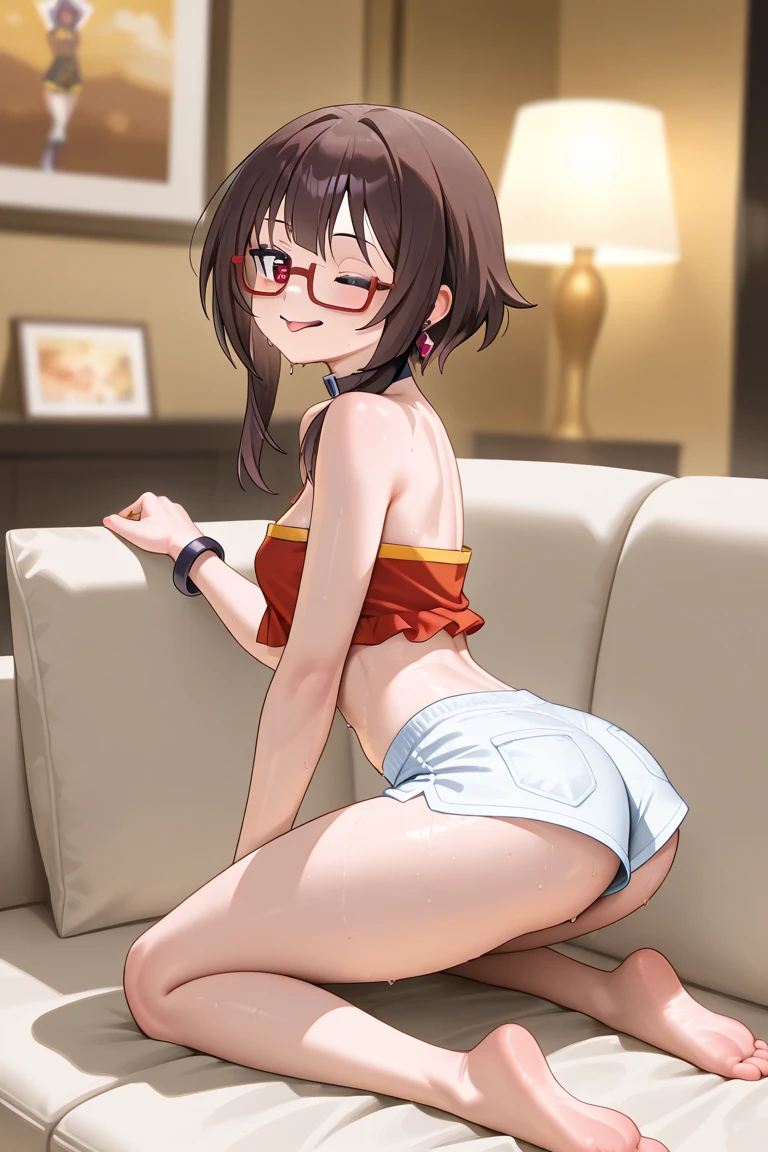 Highest quality, masterpiece, High resolution, (alone), {full moon_Fleet Collection:1.15}, Long Hair, Brown Hair, Glasses, brown_eye, red-framed_Glasses, semi-rimless_Glasses, Crescent Moon, black_Seraphim, blush, Under Rim_Glasses, One girl, Closed_eye, Open_mouth, (indoor, office, living room), smile, (Petite), Flat Chest, (panties), (Junior Bra), Sports bra, (White underwear), (From behind), (Butt), (On all fours)