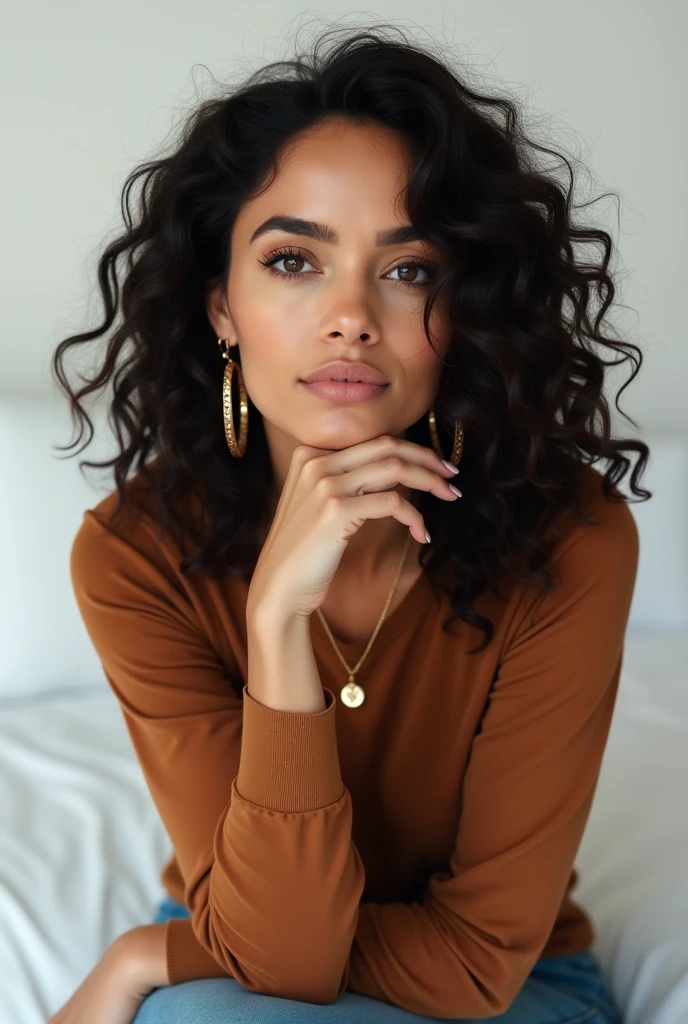 The photograph is a superbly high-quality image of a stunning woman, comfortably seated on a stool in a professional photography studio. She is dressed in a loose, off-shoulder top that complements her black pajama pants, and her long, curly hair cascades naturally around her shoulders. The studio is softly illuminated, with plants adding a touch of greenery to the background and sunlight filtering through a nearby window, casting a warm and inviting glow on the scene. The subject is captured in a relaxed pose, with the rich colors, photorealistic rendering, and precise details enhancing the lifelike quality of the image. A gentle breeze sweeps her hair to one side, revealing half of her face in a captivating display of expert photography. This is a cinematic movie capture, with no trace of cartoons, paintings, or illustrations, and the quality is nothing short of exceptional.