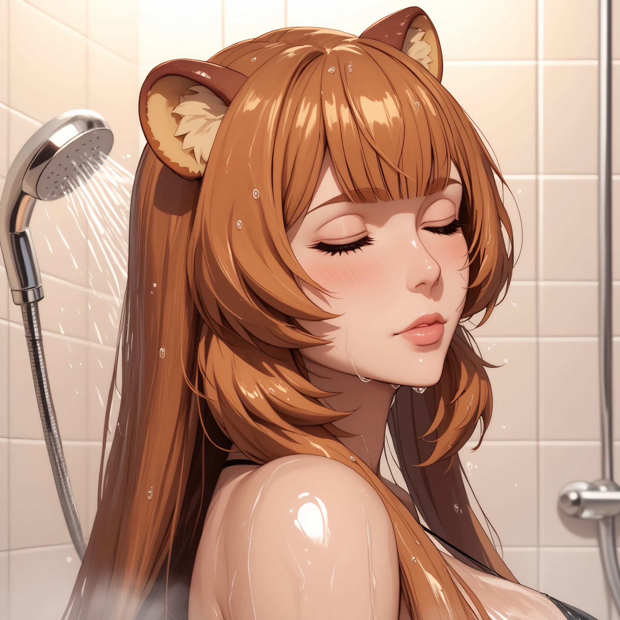 Raphtalia, 20s, bright orange hair, closed eyes, rounded animal ears, showering, serene and relaxed expression, tilted head, curvy, plus size, indoors, shiny wet skin, covered in oil, glossy skin, black bikini with pink trim, anime style, high quality ultra detailed art, 4K, soft shadows and vibrant lighting effects. Wet hair. Wet body. Steaming.