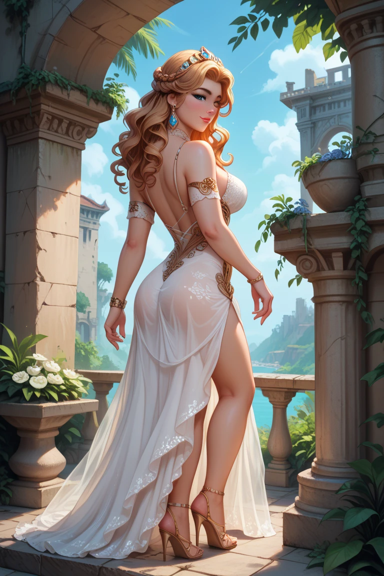 daisy, ((long hair, brown hair, bang, glowing blue eyes, wide eyes, crown, lipstick, makeup, narrow waist, skinny, medium breasts, earrings, alone, dark skin, black skin)), pelvic curtain, ((yellow dress,wedding dress, Scooped up the ass, gloves)), full body, perfect body, (insanely detailed, beautiful detailed face, masterpiece, best quality) , (((solo))), (((1girl))), (((mature))), (extremely detailed 8k paper CG wall unit: 1.1), (wedding, garden, dusk), (smile face for the viewer), big ass, from back, behind