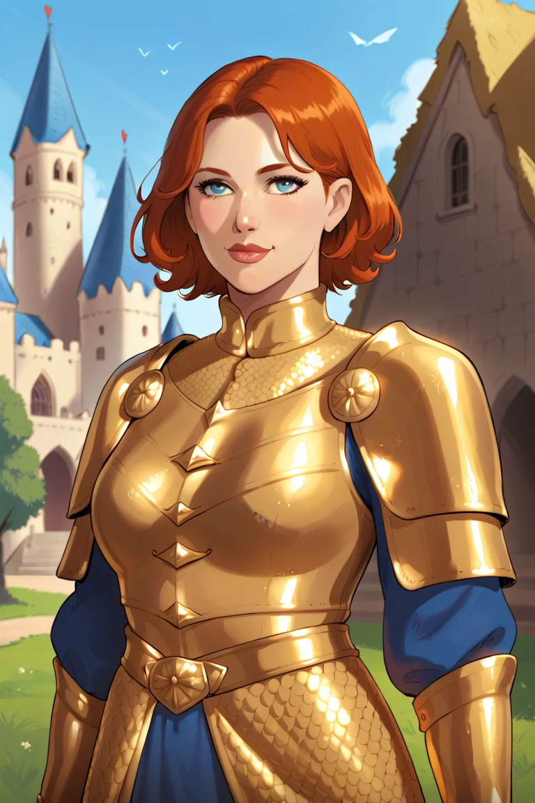 masterpiece, best quality, <lora:dorothy-nvwls-v1-000008:0.8> dorothy hyatt, glasses, suit of armor, full armor, helmet, looking at viewer, smile, castle