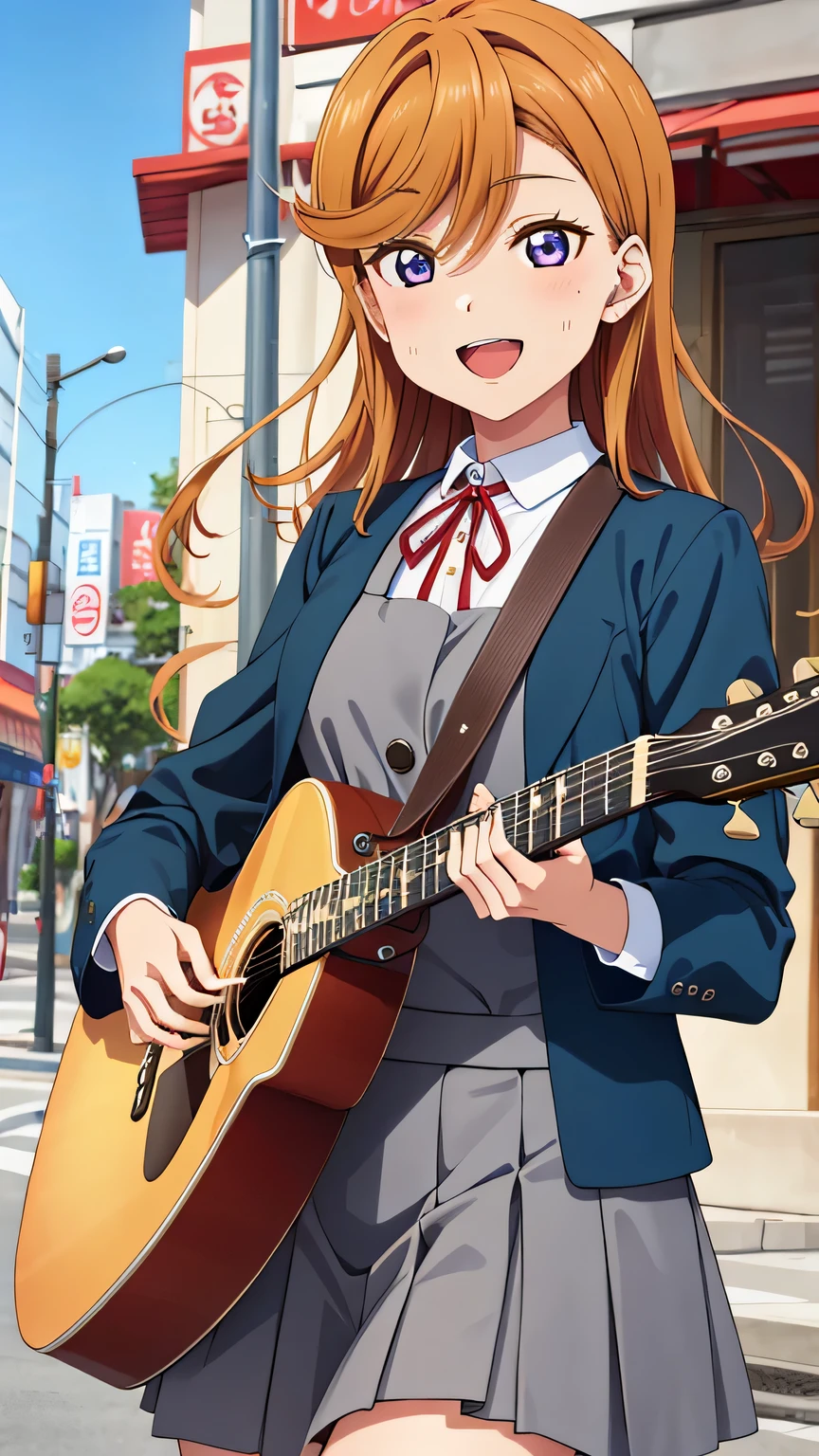 {{{masterpiece}}}, (best quality:1.5), (ultra-detailed:1.5), {illustration}, {{an extremely delicate and beautiful}}, (beautiful detailed eyes:1.6), absurdres, highres, extremely detailed face, 16k, hd, visual anime de uma jovem mulher, extremamente bonito rosto de anime, anime melhor garota, (perfect hands, perfect anatomy), anime face, shibuya kanon(love live! superstar!!), 1girl, solo, cute face, orange medium hair, semi-long hair, asymmetrical bangs, (purple eyes:1.2), medium breasts, big hips, curvaceous, BREAK, {{yuigaoka school uniform}}, blue jacket, open jacket, long sleeves, grey pinafore dress, white collared shirt, red neck ribbon, black socks, BREAK, (Playing guitar:1.5), performance, holding instrument, acoustic guitar, brown guitar, open mouth, smiling, flushed cheeks, flushed cheeks, looking at viewer, outdoor, city, building, sky, daytime, cowboy shot