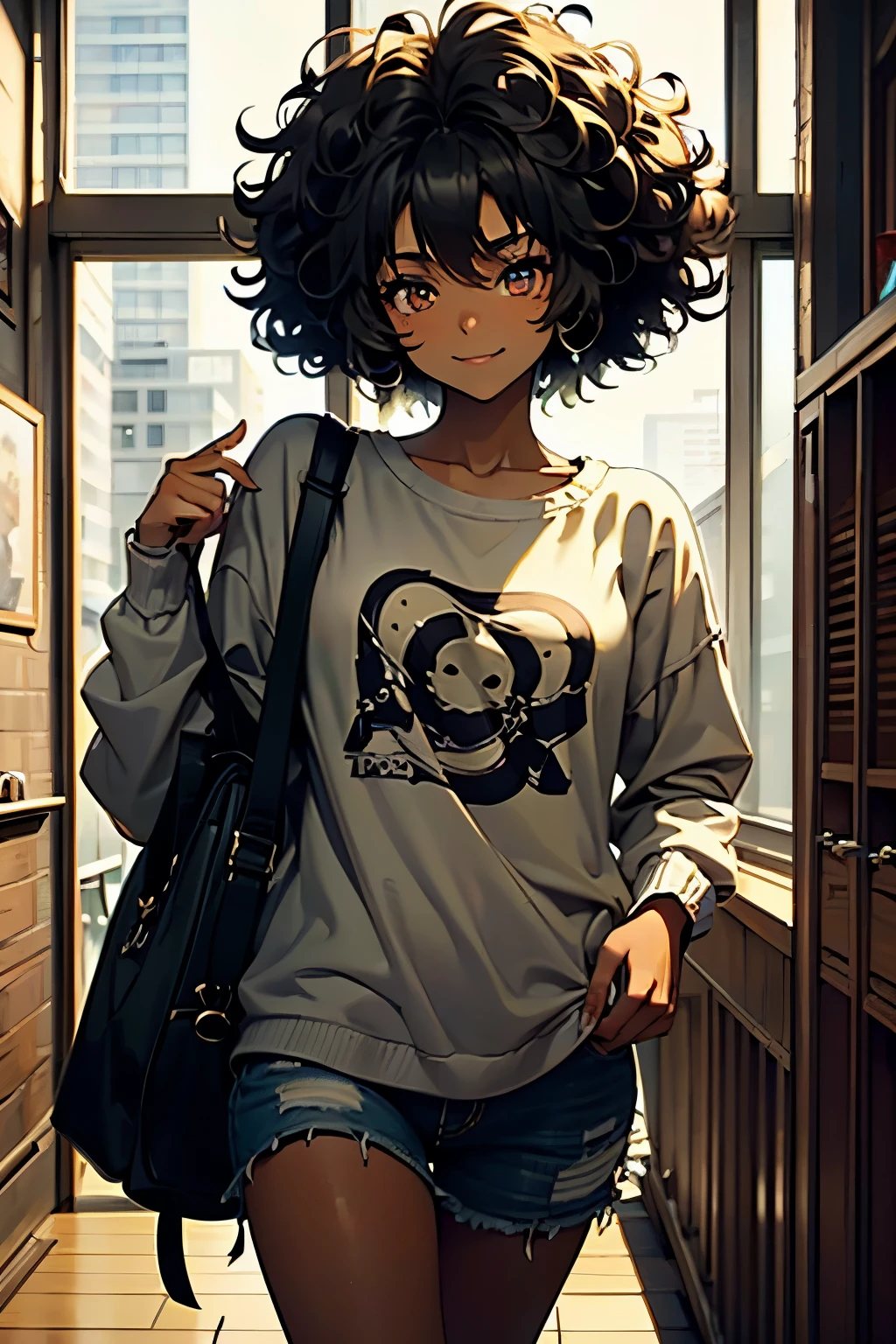 Dark skinned anime girl, 14 anos, Big black hair, curly afro , discreet smile,with a beautiful face , casual clothes, in a daytime setting ((Best Quality)) ((detalhado)) ((HD)) ((pretty face)), ((1.2))