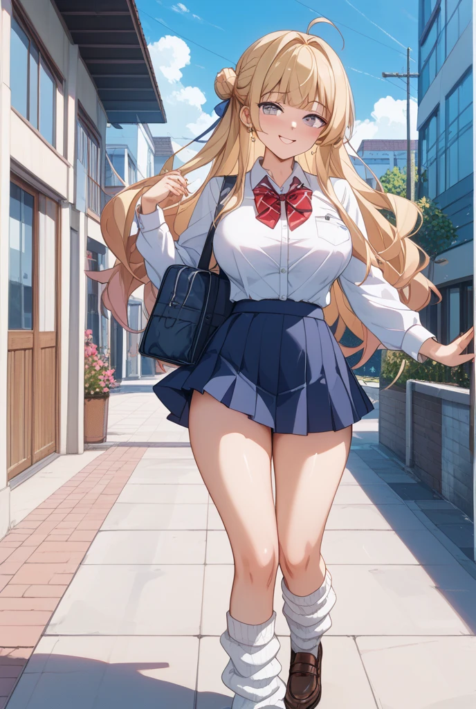 A high school beautiful kogal girl with brown skin, she have large chests and hourglass body. Her hair is blonde long and tie up. She are walking on the street and checking her phone after class.