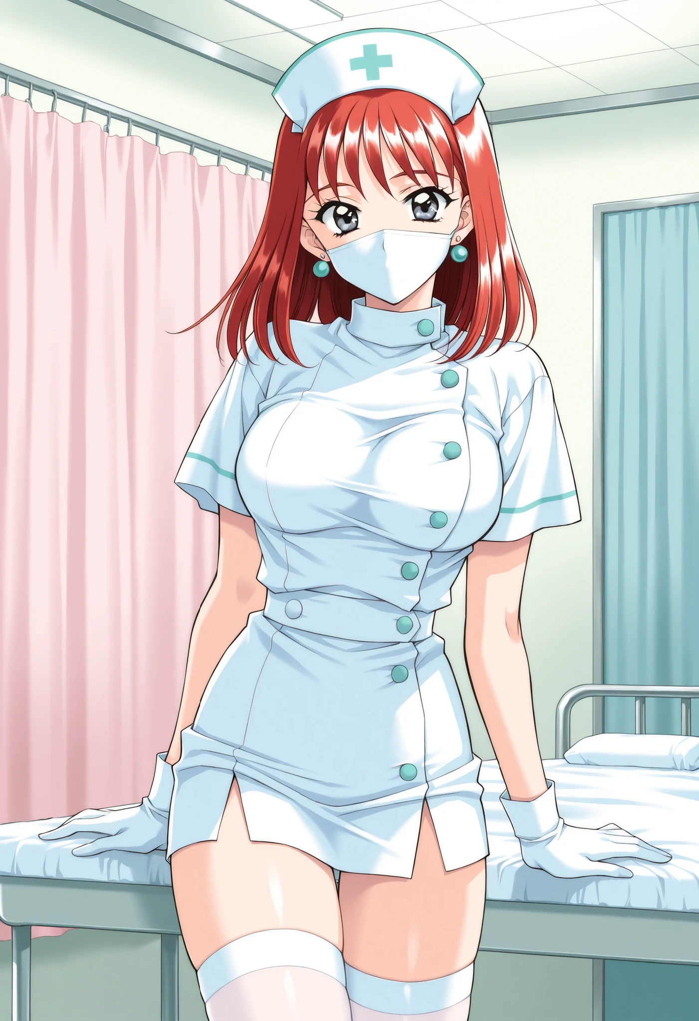 Score_9, score_8_up, score_7_up, source_anime, TachibanaMayumi, solo, red hair, medium hair, jewelry, earrings, grey eyes, bangs, large breasts, 1990s (style), kadoi aya style, (best quality), (high quality), {masterpiece}, extremely delicate and beautiful, ultra-detailed, beautiful detailed eyes, nurse, nurse hat, ((white nurse's outfit)), white gloves, white thighhighs, hospital room, ((white mask, mouth mask, covered nose)), standing