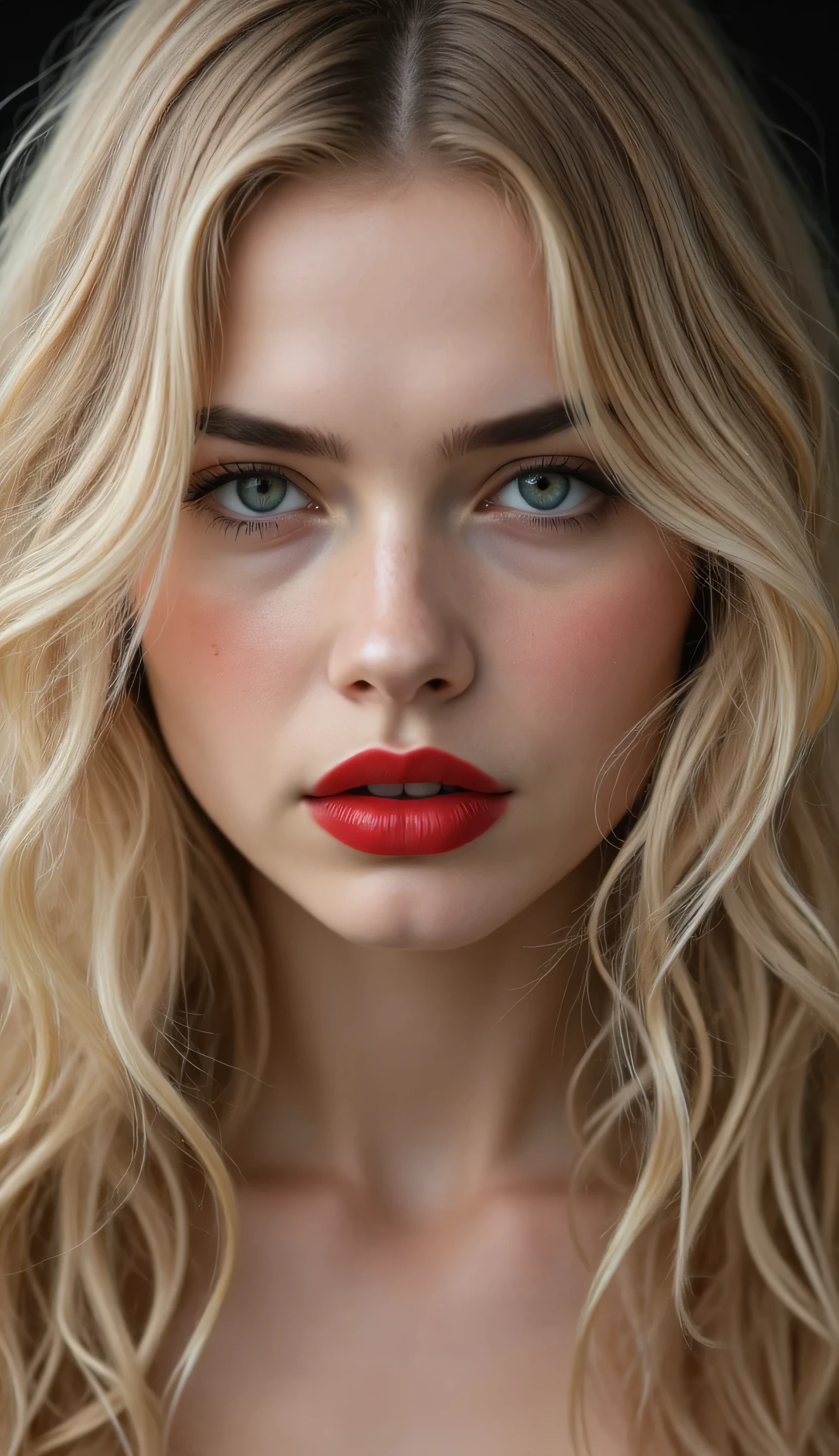wavy blonde hair, big , red mount