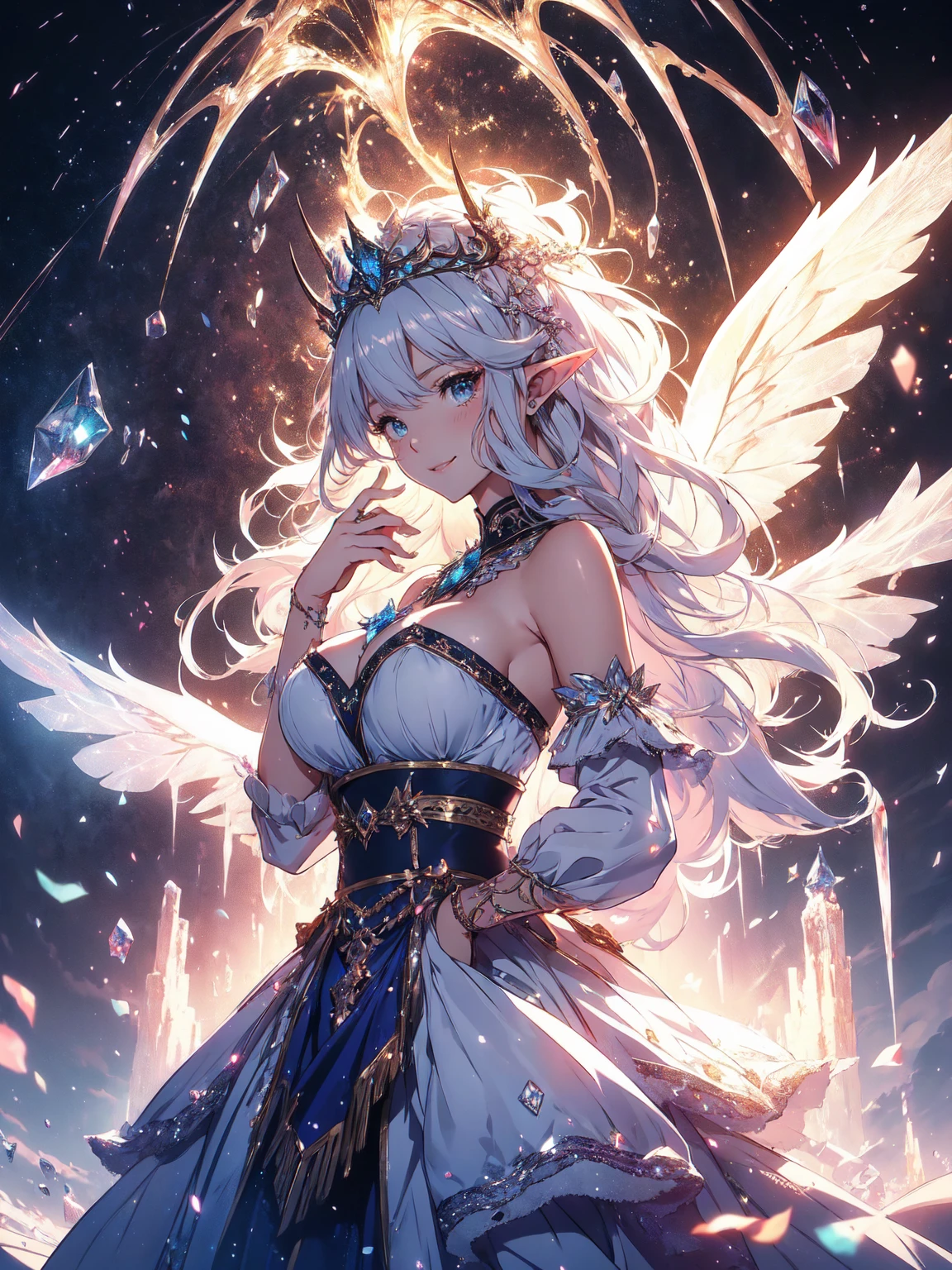 最high quality、1 woman elf facing forward、Succubus、(( cowboy shot ))((underwear))'((low angle1.5 ))、beautiful瞳、tears、Huge stained glass、beautiful装飾、brassiere、panty、Ice tiara、Swirling Ice、Crystal of snow、Ice Palace、最high quality , fractal art.Ice Throne、Inside the palace dome、Glowing iceの柱、Huge windows、虹colorに輝くステンドグラス、courtyard、　bikini、beautiful胸、Large Breasts　((Laugh beautifully、))((Glowing ice　))SMqueen、beautiful顔、Orgasm、Ecstasy、全身beautiful装飾の下着、World of Illusions、Ice crystals、Crystal of snow、Ice wall、ice World、Bigger on the front、 beautiful輝き,High-definition depiction, Realistic, 8k, Unity, beautiful太もも,,Giant Devil's Wings、虹colorに輝く翼、、 light smile, Beautifully and vividly drawn, , beautiful beautiful透き通る肌、輝くbeautiful装飾の魔法、、beautiful装飾、 , beautiful、 Romanticism,mosquito。 混沌の最もbeautiful形, Mr..々color, Intertwined flowers, P article,Magical gentle light,smile,,image quality、masterpiece、beautiful顔、Super beautiful elf woman((Big breasted 22 year old office lady、Bust 120,Beautiful long ironed hair、Silver Hair、height: 165cm。、Esbian、、high quality、、Visual Arts、最high quality、1 womanエルフ NP: Worst quality ,beautiful fractal art　、frozen、、light、Beautiful radiance,High-definition depiction, Realistic, 8k, Unity, , light smile, Beautifully and vividly drawn, , Beautiful, beautiful, clear skin、 Countless rays of light pouring down, Swirling Light, big background, , Intense light is emitted from the magic circle in front of the girl. Romanticism,Cowboy Shot:  最high quality　snow palace　　Artwork、uhd