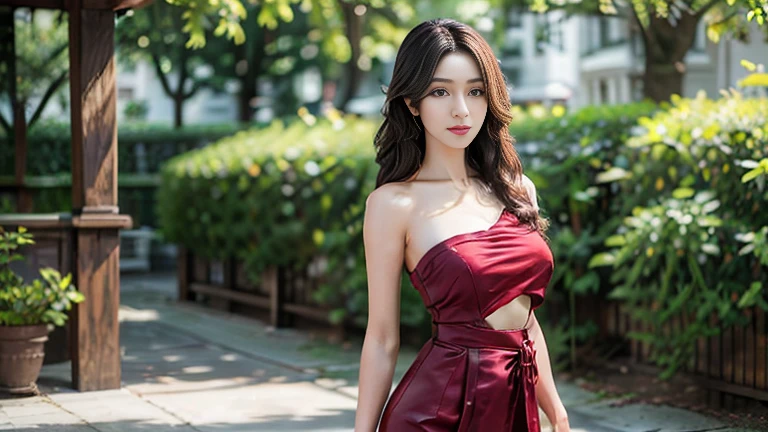 Ground view, concept art, small chest, hips, look at viewer, sitting on ground, low ground view, shy blush face, sexual expression, 1 Indian girl, wearing Indian dress, dark red colour dress,  bare shoulder,((nipple's)) chest exposed, unconcerned, NSFW, quality, in the garden, contrast, dark, little chubby,