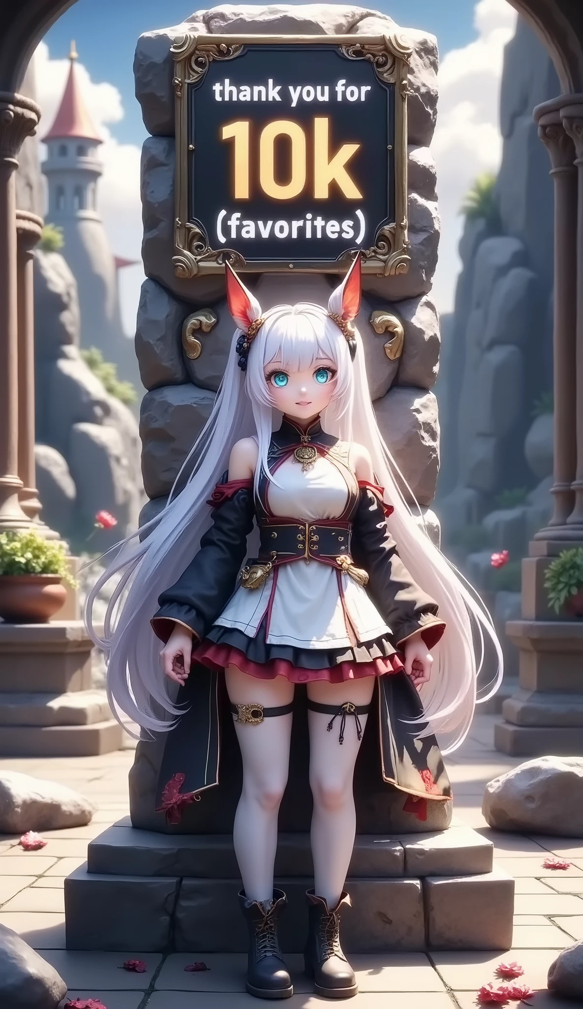 (Standing next to a large stone monument that reads "Thank you for 10K [favorites]": 1.5), (((Pixel perfect, perfect detail))), (From above: 1.1), (Looking up: 1.1), Detailed photo, Looking at viewer, Full body, Alone, Facing forward, Big smile