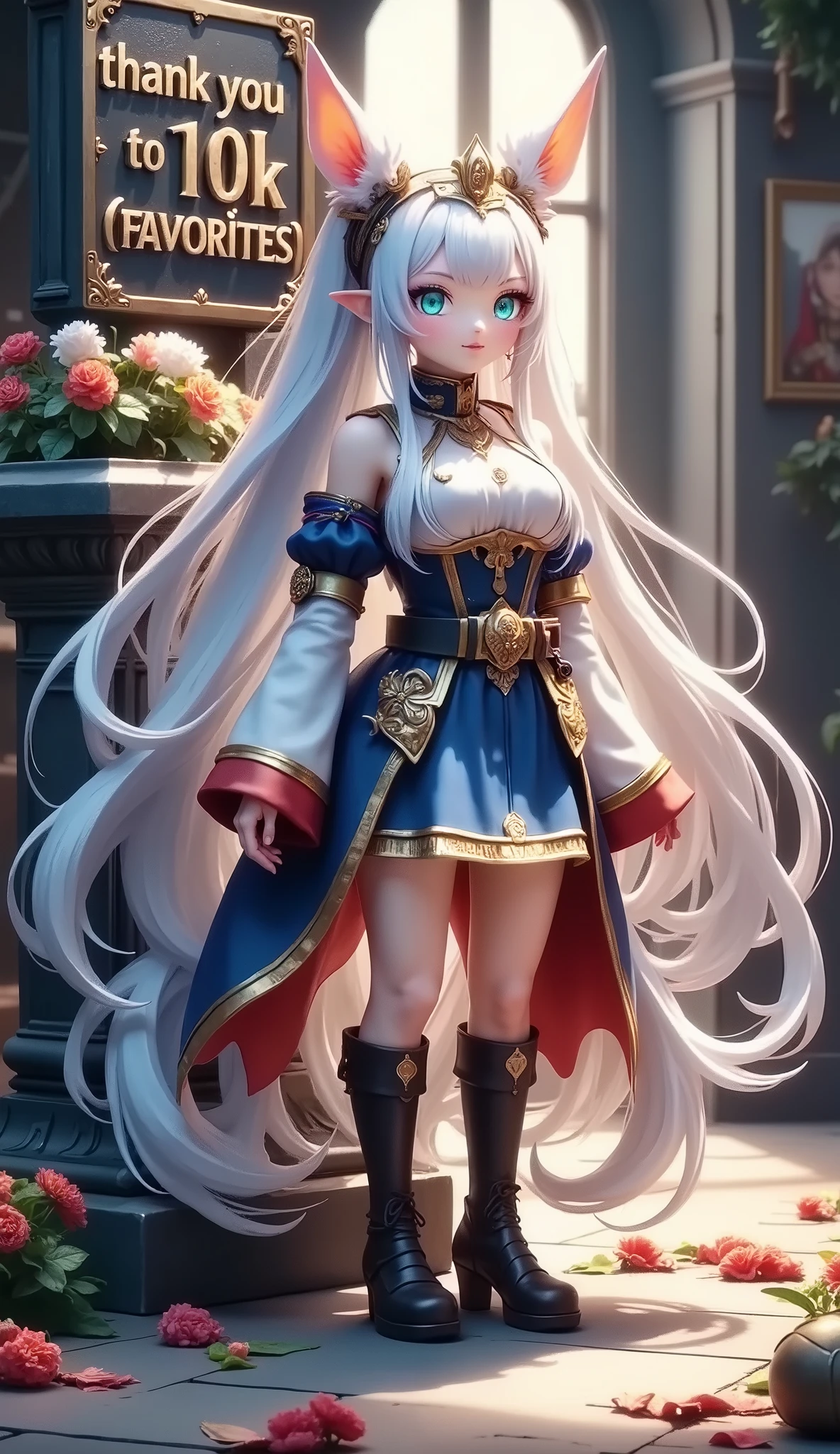(Standing next to a large stone monument that reads "Thank you for 10K [favorites]": 1.5), (((Pixel perfect, perfect detail))), (From above: 1.1), (Looking up: 1.1), Detailed photo, Looking at viewer, Full body, Alone, Facing forward, Big smile