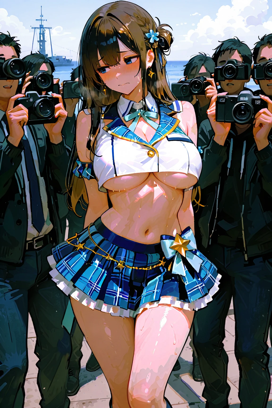 NSFW、(Japanese Girl)、masterpiece, 最high quality, high quality, High precision,Highly detailed 8K wallpapers、White and clear skin、Slender、((Completely naked、Pubic hair))、((Photo session、Surrounded by many photographers、The camera is pointed at))、(amusement park)、(Expose)、Big Breasts、(blush、Drooling、tears)、(頬を伝うSweat、胸にSweatが流れ落ちる)、(((Sweat)))、(((Nipple masturbation)))、(((A lot of love juice)))、(Angle from below)、(((Open up)))