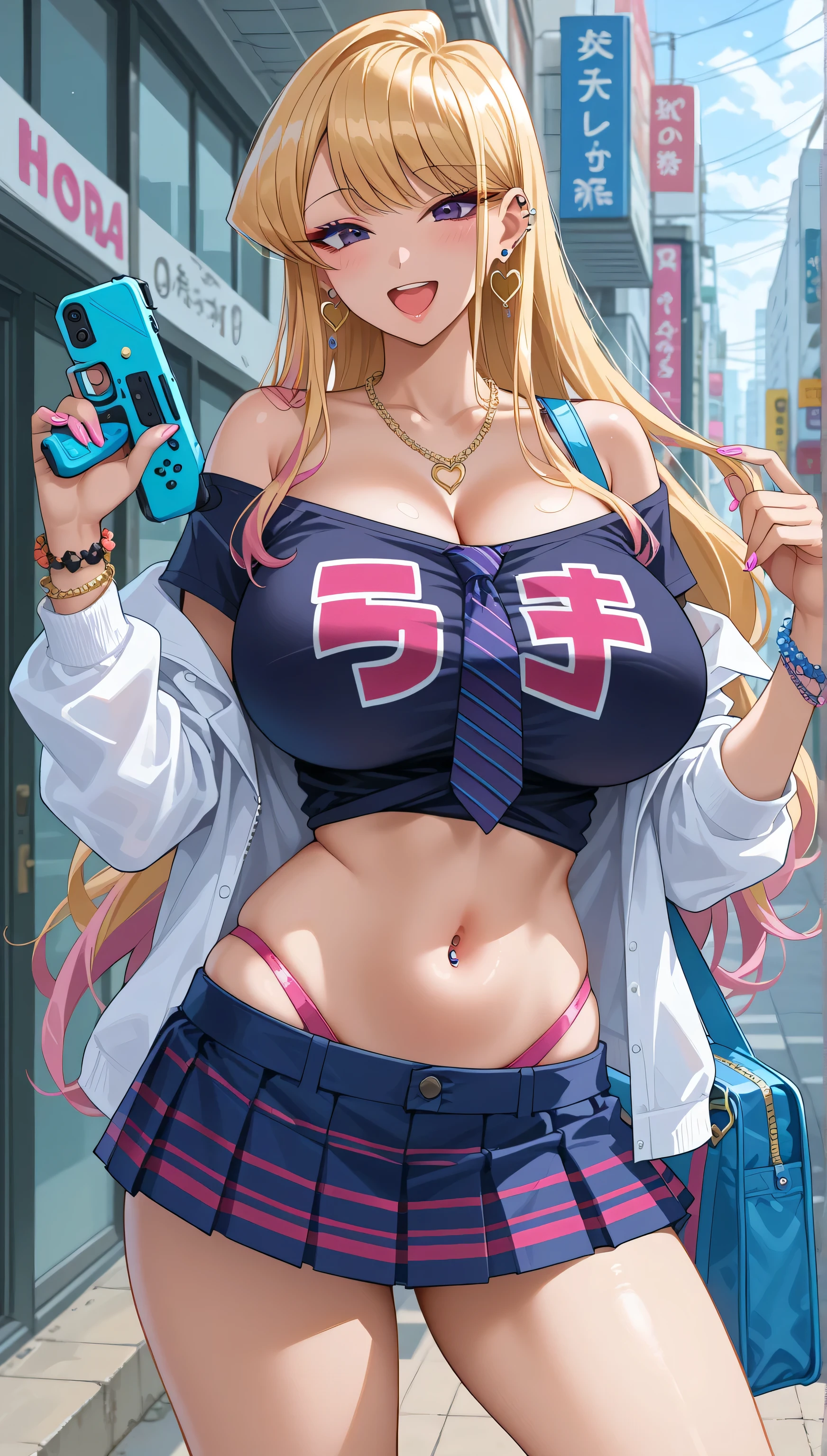 simple facing xLv2, Komi Shouko, Gyaru, blond hair, long hair, purple eye, earrings, ear piercing, multicolor hair, score_9, score_8_ up the side, score_7_ up the side, source_Anime, Masterpiece, top quality, Big Breasts, off shoulder shirt, shirt with tie , navel, piercing, blue skirt, Flashy修正, happy, Flashy, accessories, colorful , Kogal, Kogal gyaru, necklace, earrings, bracelets with weapons, belly button, midriff, mouth
