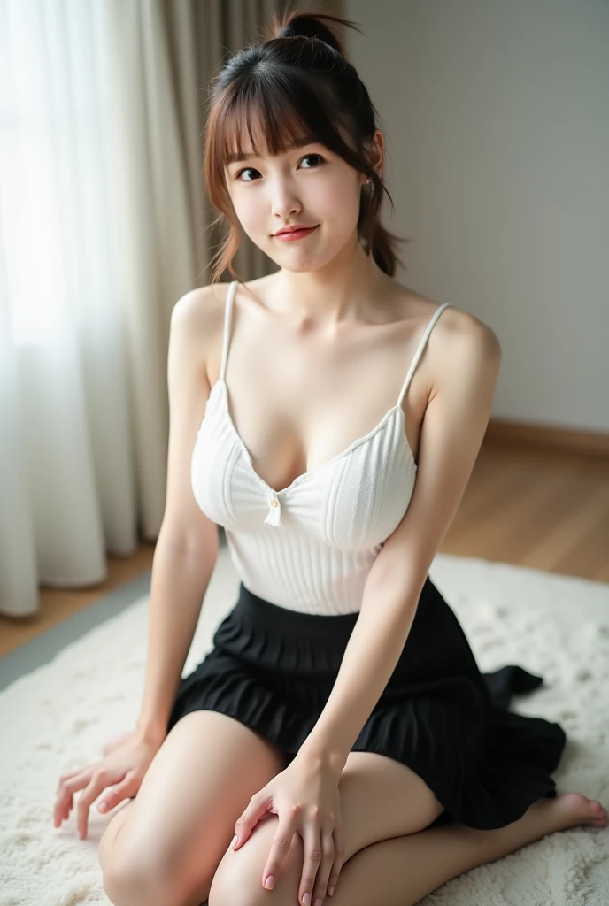 (Extremely detailed image quality)One girl、Realistic skin texture、Butt-length hair、ponytail、Moist and beautiful hair、((Bright smile))、stare(The cleavage appears larger)(Hot 21 year old girl、Small face、Very beautiful face、Natural Makeup)(Fair skin)(Sparkling eyes)Smooth Skin、Realistic skin texture((Interior of an old Western-style building、Grey-white floor、Table set))(((A white frilly shirt that shows off a bold chest、Short sleeve、Maid、Maidエプロン、Puffy sleeves))((A very short black miniskirt with frills))((Stand up straight、Sexy pose、Leg spread))Beautiful armpits、Round beautiful breasts、Beautiful cleavage、Narrow waist、Waistline:1.2、Big Ass、Thin thighs(((Standing posture)))(((((Medium full shot from below)))))Angle from below