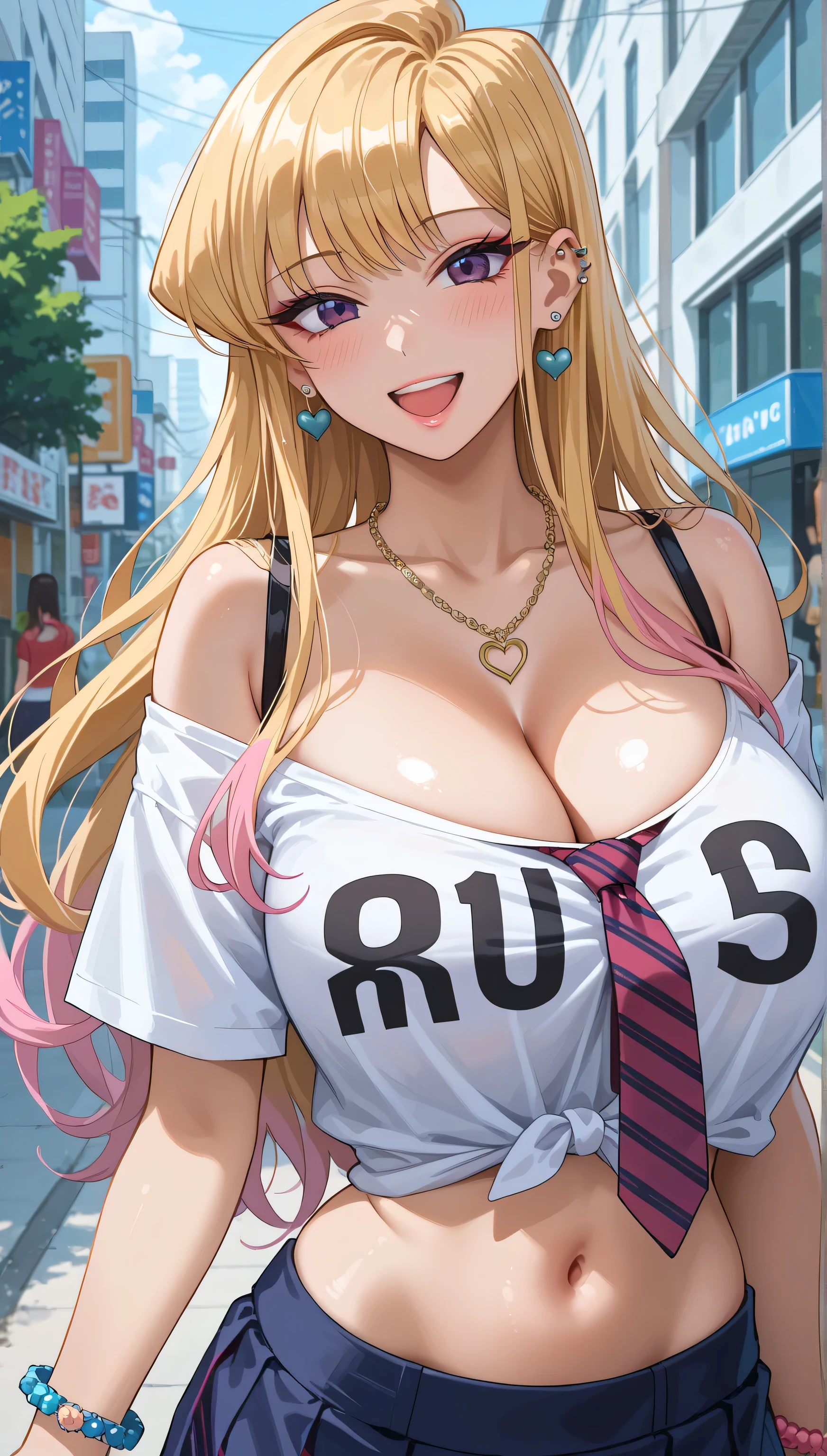 simple facing xLv2, Komi Shouko, Gyaru, blond hair, long hair, purple eye, earrings, ear piercing, multicolor hair, score_9, score_8_ up the side, score_7_ up the side, source_Anime, Masterpiece, top quality, Big Breasts, off shoulder shirt, shirt with tie , navel, piercing, blue skirt, Flashy修正, happy, Flashy, accessories, colorful , Kogal, Kogal gyaru, necklace, earrings, bracelets with weapons, belly button, midriff, mouth