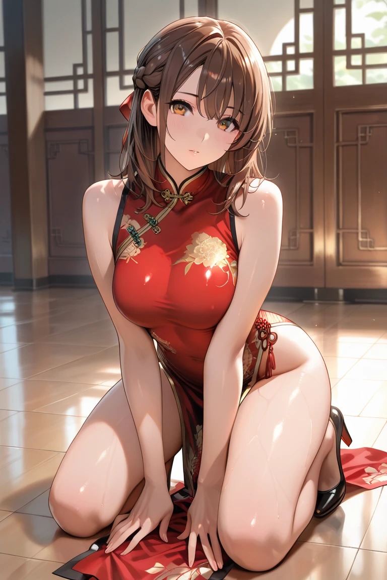 nsfw, (masterpiece, top quality, best quality, highly detailed:1.6), extremely detailed CG unity 8k wallpaper, strong facial expression, (sharp eye:1.2), (scowl:1.1), (embarrassed, blush:1.3), (steam:1.8), (wet:1.2), (sweat:1.1), (trembling:1.3), (open mouth, wavy mouth:1.4), (harf open eyes:1.5), (feeling weak:1.5), (shoot from front, looking at viewer:1.2), (leaning forward,close knees, hands between legs, pee running down legs:2), (((clutching crotch))), (castle balcony, outside bedroom, Red Carpet:2), (1 woman, indoor, Vivid Colors China dress, Maxi Length:1.4), high-heels, (very long hair, twintails, Brown hair:1.5), (woman trembling with sexual climax:1.5), (at midnight), night, at dawn, colorful, full body, wide shot, perfect composition, urination, incontinence, piss, peeing self, A lot of pee, having an accident, pee running down legs, panties around one leg, (((pee stream))), (pee puddle), wetting herself, pee stain, peeing, blush, trembling, embarrassed, large breasts, Yellow pee, ((leaking pee)), Shaking one's shoulders, Breaking a sweat on forehead, puddle of pee, Pee at your feet, Pee spread on the floor, Pee stains, Dripping pee between my legs, Feet wet from pee, Pee-covered feet, Pee at your feet, want to pee, about to pee, Full bladder, Pee-soaked ｄれっｓ, Pee-soaked high-heels, natural makeup,