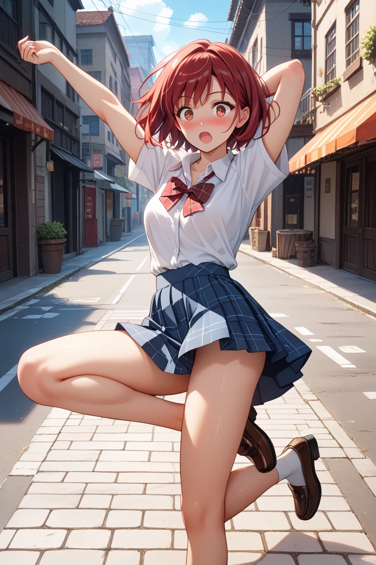 masterpiece, best quality, detailed, 1girl, blush, looking at viewer, open mouth, school uniform, smile, solo, sunlight, <lora:YuigahamaYuiV1:0.7>, yuigahama yui, jacket, sitting, sitting on stairs, outdoors