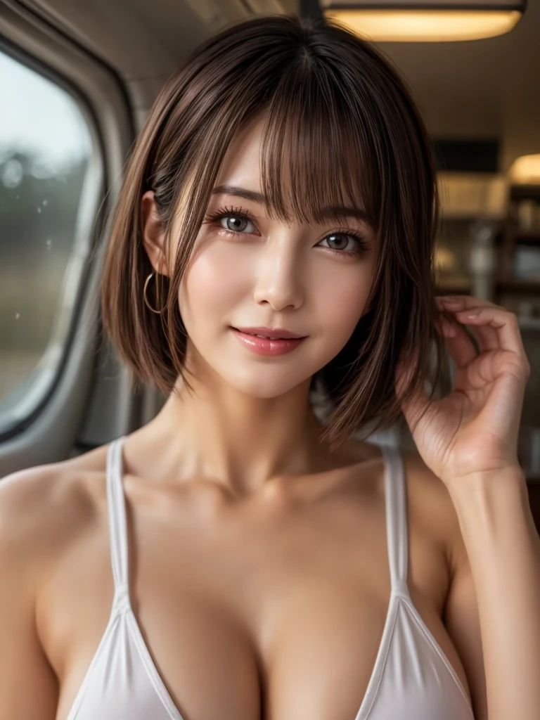 Woman in underwear、Stand with open arms、Outstanding smile、Bob Hair、extra detailed face、Photorealsitic、Outstanding smile、(in 8K) ,Detailed skin、Detailed hair strands、 ​master piece, (No retouching, Lip gloss, False eyelashes, Real Skin, of the highest quality, 超A high resolution, depth of fields, chromatic abberation, Caustics, Wide Lighting, Natural Shading))Korean Idols、Live action、Sauce order、Japanese Models, Shot with Canon EOA 6 D Mark II, taken with canon eos 5 d mark iv, Young Gravure Idol,