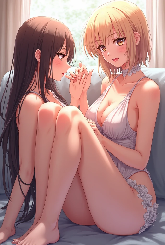 multiple thick body large breast females wearing long floral pattern lace night gown open center show panties lying on pillows on grass field side by side on grass in meadows, females spread legs wide open, nsfw