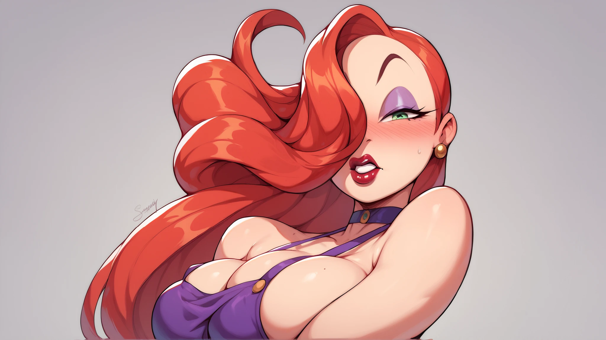 Jessica Rabbit, toddler, portrait of 1girl, highly detailed, detailed, in PIT-Erotic-style style, muscular, bimbo, thick lips, small waist, large breast, large butt, nipples, goddess