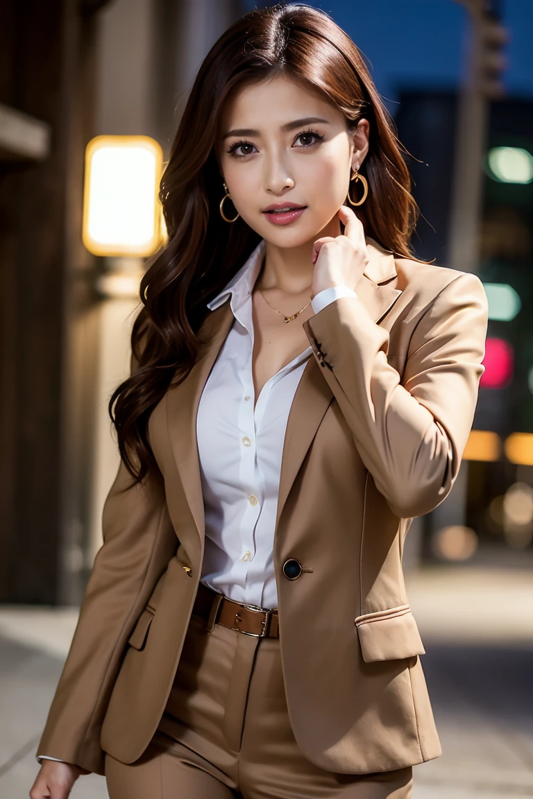 masterpiece, highest quality, Realistic, Very detailed, Finer details, High resolution, 8k wallpaper, One beautiful woman, Wear casual business attire, In a great restaurant, At night, Light brown messy hair, Perfect dynamic composition, Beautiful and beautiful eyes