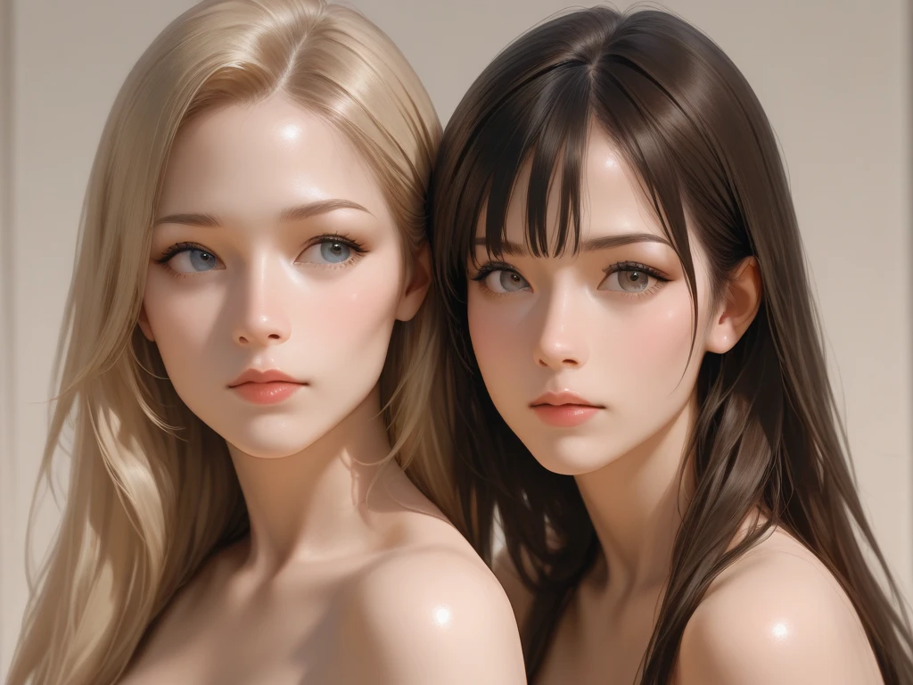 (ung girls), (Ultra realistic, high res), (highly detailed eyes, highly detailed hair, highly detailed face, highly detailed plump lips), naked, (off shoulder), breasts, upper body, caute smile, (best quality:1.4), Raw photo, (realistic, photo-realistic:1.37), professional photography, cinematic light, (fine face: 1.2),