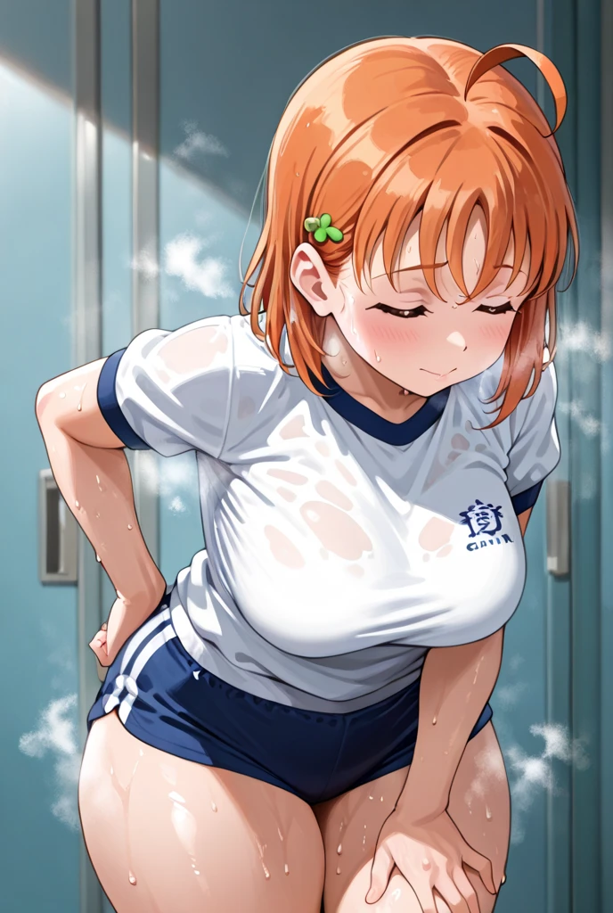 (super fine illustration,8K CG wallpaper,best quality,extremely detailed,ultra high res,best aesthetic),(cowboy shot,from front),idolmaster, {{{hina araki}}}, (20yo, beautiful girl),(beautiful brown eyes), (beautiful orange hair), ((((short hair)), (((wavey hairstyle))), (wet hair), (wet skin), (sweat), (steam), ((flat chests,large breasts)), ((nudity:1.4,topless:1.4,bottomless:1.4,expose breasts, breasts out)), ((pubic orange hair:1.5)), ((glasses:1.5)), ((((spread legs)))), (open mouths),,(stick out tongue), (feel good), (blush), (no sleeve tracksuit), (open clothes), ((arm pit orange hair:1.3)),(happy smile:1.5),((arms behind head)),(cum on body:1.9),(cum on face:1.3),((cum on hair:1.5),(cum on armpit:1.5), (((multiple boys, peeing on a girl, multiple penises, gangbang))),((ecstasy torogao:1.5)), saliva trail, nose blush,pleasure vaginal penis),(sex,missionary,pov:1.5),(Lie down, beach mat),BREAK,(1boy, hetero:1.3), ((vaginal sex)),(cum shot:1.3),(look at viewer),(in comic cafe),Voice of the Heart,