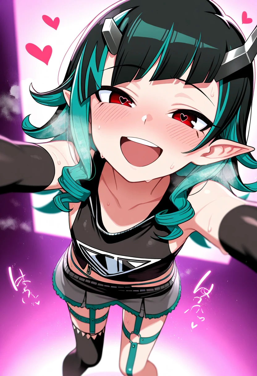 i want the whole image to be created in 3D anime style, 1girl, solo, looking at viewer, blush, smile, short hair, open mouth, skirt, thighhighs, ahoge, multicolored hair, boots, one eye closed, green hair, virtual youtuber, bracelet, musical note, eighth note, beamed eighth notes, quarter note