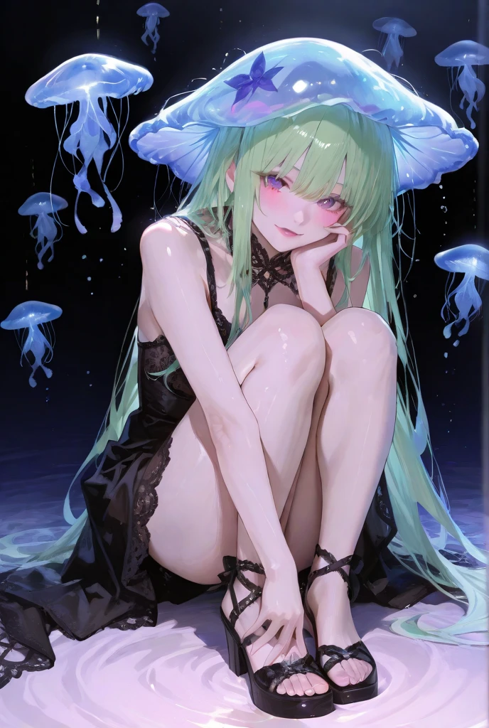 1 tall cthulhu woman. Long hair. sleepy. Inverted color scheme. busty. knee high socks. Cthulhu tentacles. Pillow.