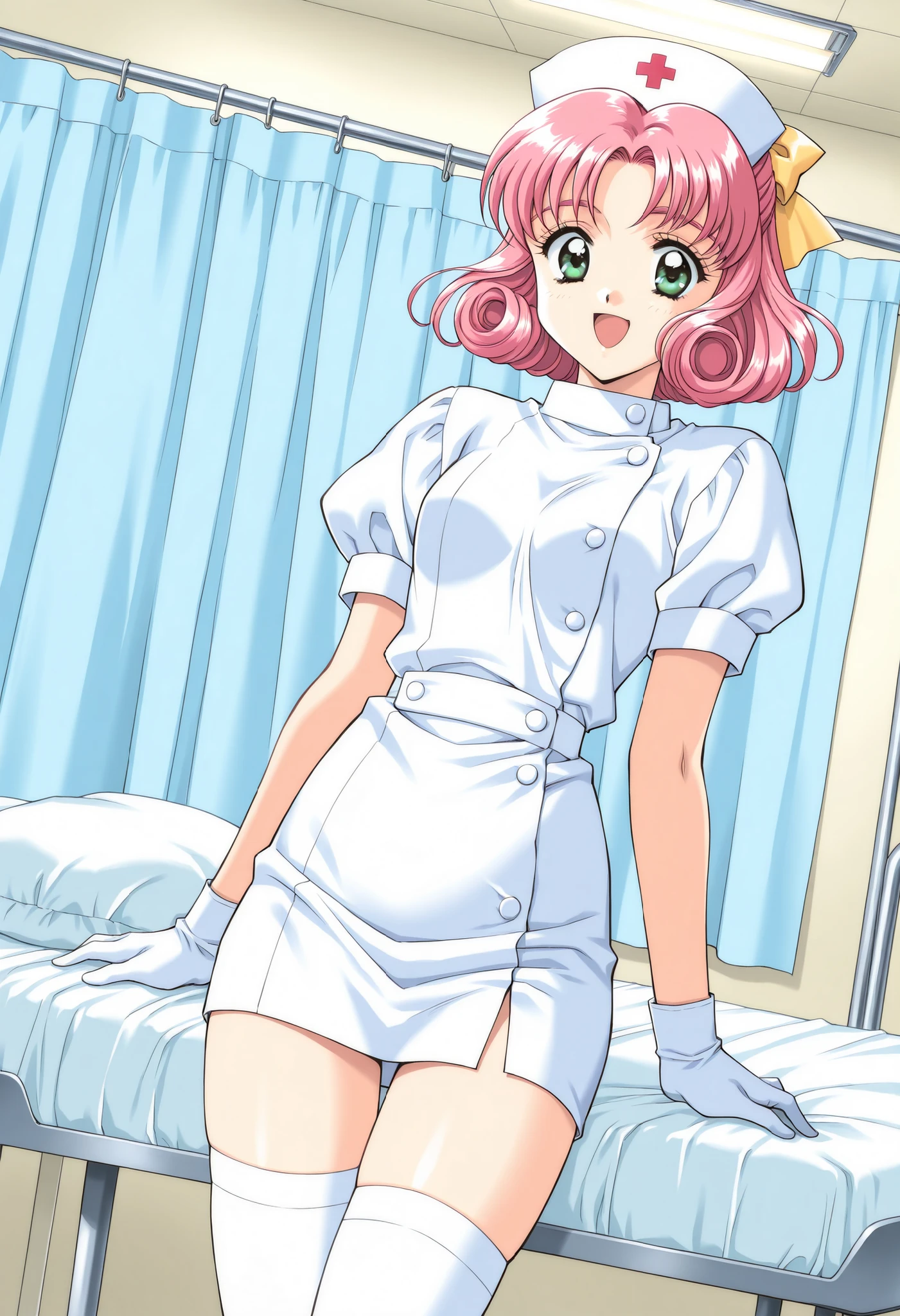 Score_9, score_8_up, score_7_up, source_anime, MinagawaNana, 1girl, solo, pink hair, short hair, green eyes, curly hair, hair ribbon, Yellow bow, small breasts, 1990s (style), kadoi aya style, (best quality), (high quality), {masterpiece}, extremely delicate and beautiful, ultra-detailed, beautiful detailed eyes, nurse, nurse hat, ((white nurse's outfit)), white gloves, white thighhighs, hospital room, smile, open mouth, standing