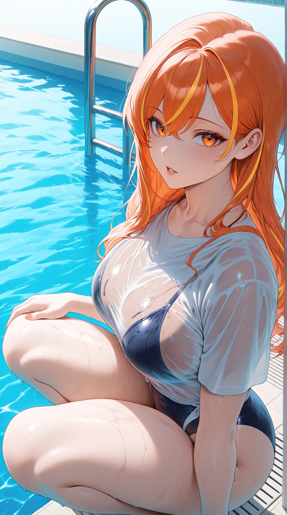 1girl, fox ears, laying, orange hair, blue eyes, collar, face close up, laying in the water, wet hair, (hair hidding boobs), intimate, gorgeos,traced light, high details,digtal art, night, in love,blushing, insecure, cute, sensual, shadows, contrast, beautiful eyes, gentle, delicate, scalpa, vivid eyes, messy hair, puffy, out of breath, fruits