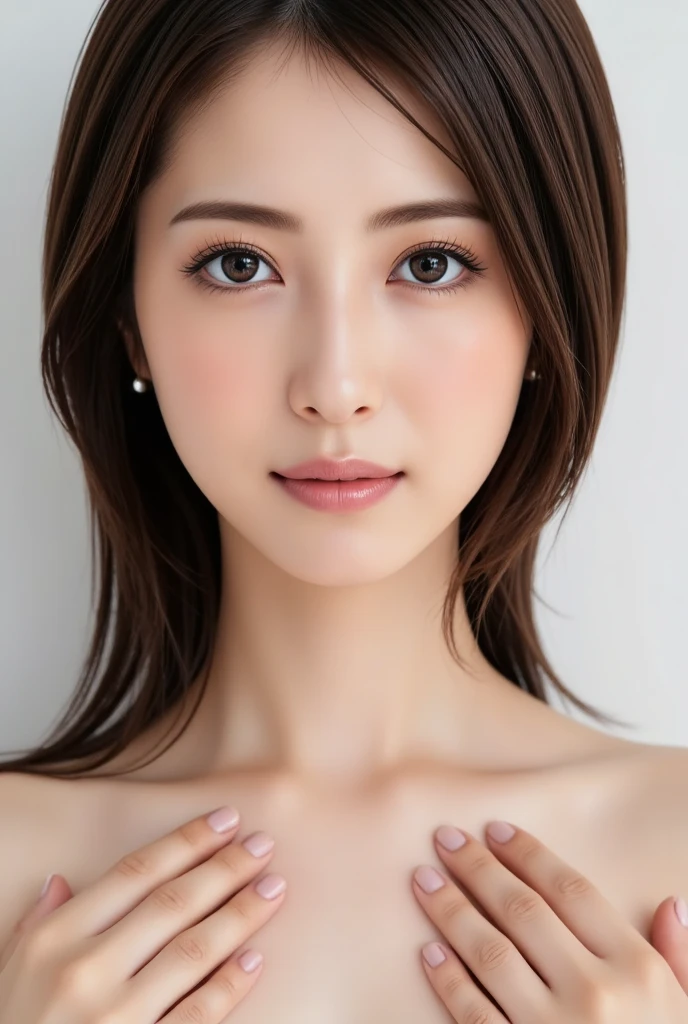 lens: 135mm f1.8, (Highest quality), (Beautiful 22 year old Japanese office lady), (Moisturized lips), Narrow eyes, double eyelid, Delicate clavicle, Flat Chest , I'm ashamed of my smallness, Underdeveloped breasts, smile, (Spotted sunlight: 1.2), Professional Lighting, (Petite figure), (Sunburned skin: 0.2), Full body photo, Full Body Focus, (Standing posture)、A proper honor student、Slender body、(Completely naked:1.5)、boyish, Putting very short hair into a ponytail、Stylish white bedroom、Ribbon on chest、Sweep all your hair back、Crouching with rope、Round 1,(((Completely naked))), The gesture of taking off a suit、Full body angle、Completely naked、hemp rope bondage