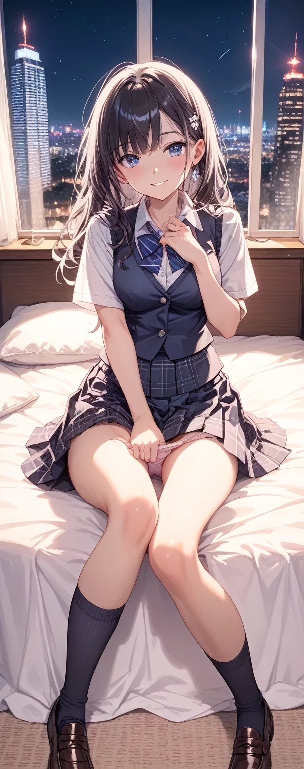 Photorealism、highest quality、超A high resolution、Browsing Caution、Woman in uniform sitting on bed、Low angle shot:1.5、She opened her legs wide:1.5、Sit with your knees bent and your legs apart、((Showing panties:1.5))、A sexy look for the camera、((Blonde))、((pink silk panties))、((Panties close up:1.5))、Tartan plaid pleated skirt、Knee socks、A cute and beautiful face down to the last detail、(Purelos Face_v1:0.008)、Brown eyes、eyeliner、blush、Embarrassing、Glare、 Glossy Lips: 1.4,  impatience、It was scary、Glare、Panty Appeal、Panties close up:1.3、blush、is crying、cry、Open your knees、Spread your legs、Disheveled clothes、dressing、Medium Long Hair,In the bedroom、Anatomically Accurate human body、Perfect Arms、Perfect hands、Perfect Fingers、Perfect Legs、Accurate human body、((Shooting from the side:1.2))