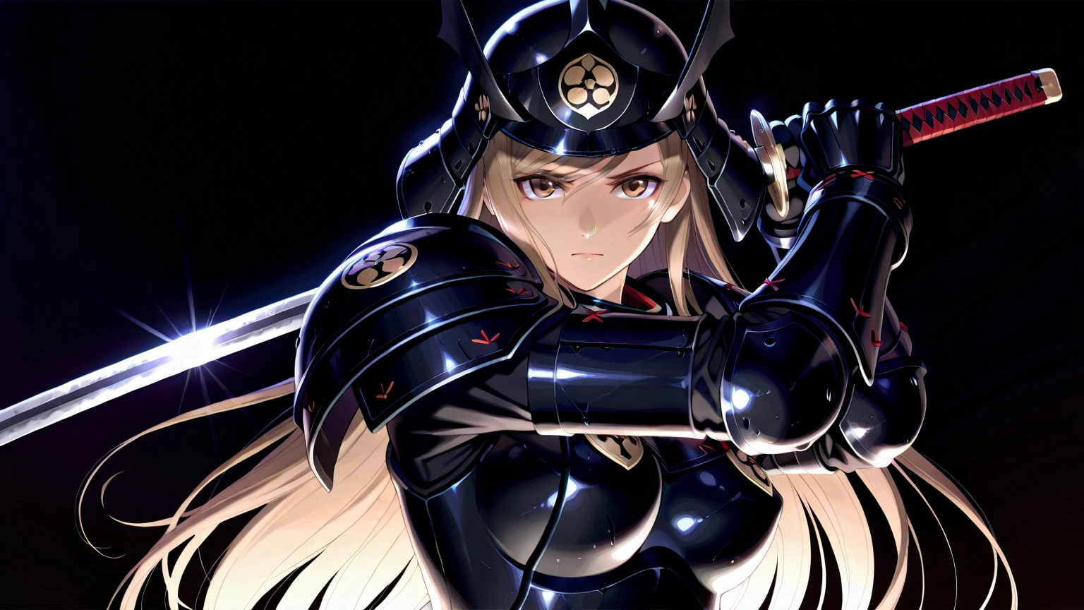 ((Highest quality)), ((masterpiece)), (detailed), (Perfect Face)、The woman is a Stormtrooper named Tiare, with green eyes, medium-length blonde hair, and is wearing a gorgeous black Stormtrooper bodysuit with gold patterns and trim, and a gorgeous Stormtrooper full-face helmet with gold patterns and trim.