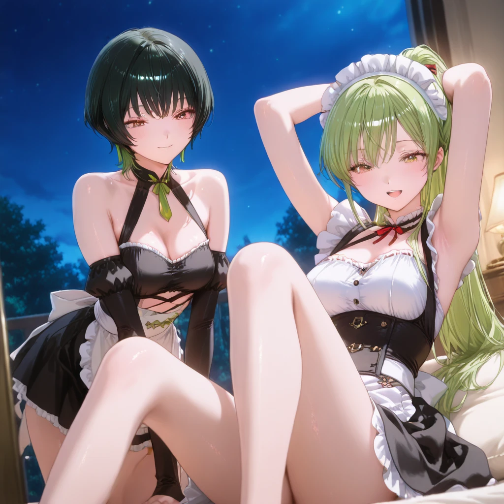 Super detailed, High resolution、green hair, Sinon, short hair、1 girl, smile、Victoria maid uniform with open chest、morning、absolute reference to center、service、service,leaning forward、